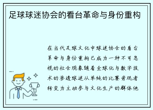 足球球迷协会的看台革命与身份重构