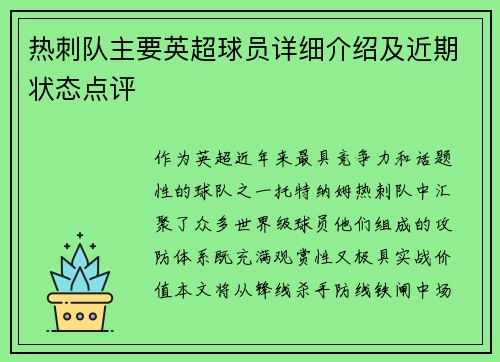 热刺队主要英超球员详细介绍及近期状态点评
